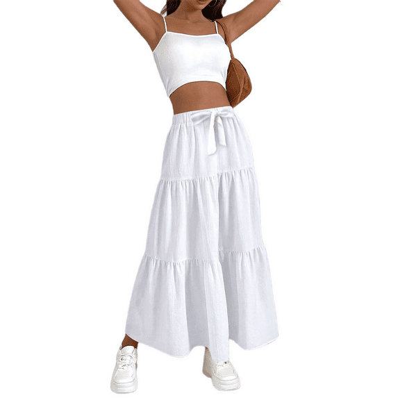 Women High Waisted Flowy Tiered Linen Skirt Casual Pleated A-Line Beach Long Skirts with Tie