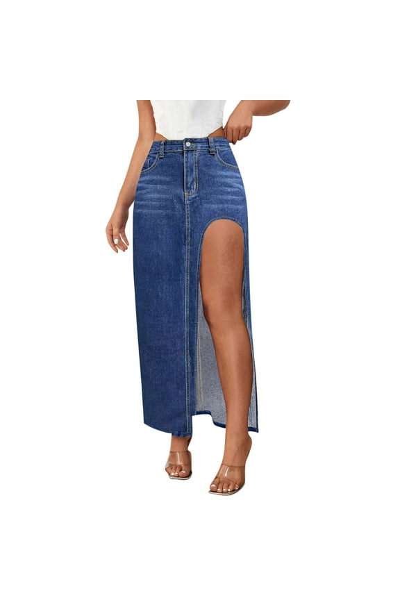 Women High Waisted Jean Skirts Side Slit Dress Fashion Y2K Skirt with Pockets