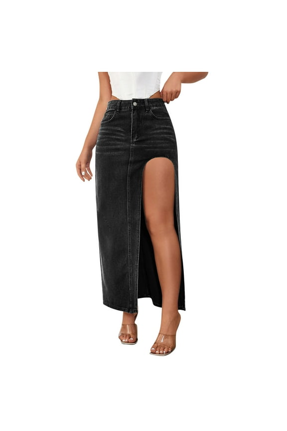 Women High Waisted Jean Skirts Side Slit Dress Fashion Y2K Skirt with Pockets