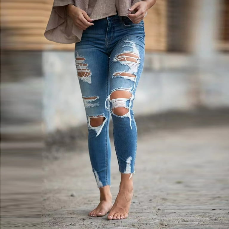 Women High Waisted Jean Trouser Baggy Ripped Jeans Fashion Slim