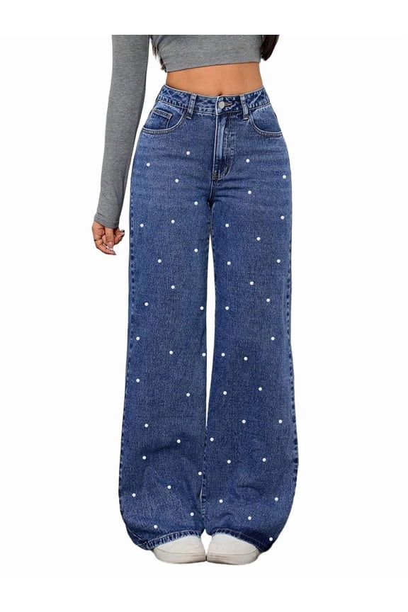 Women High Waisted Jeans Boyfriend Baggy Wide Straight Leg Casual Denim Pants Trousers M