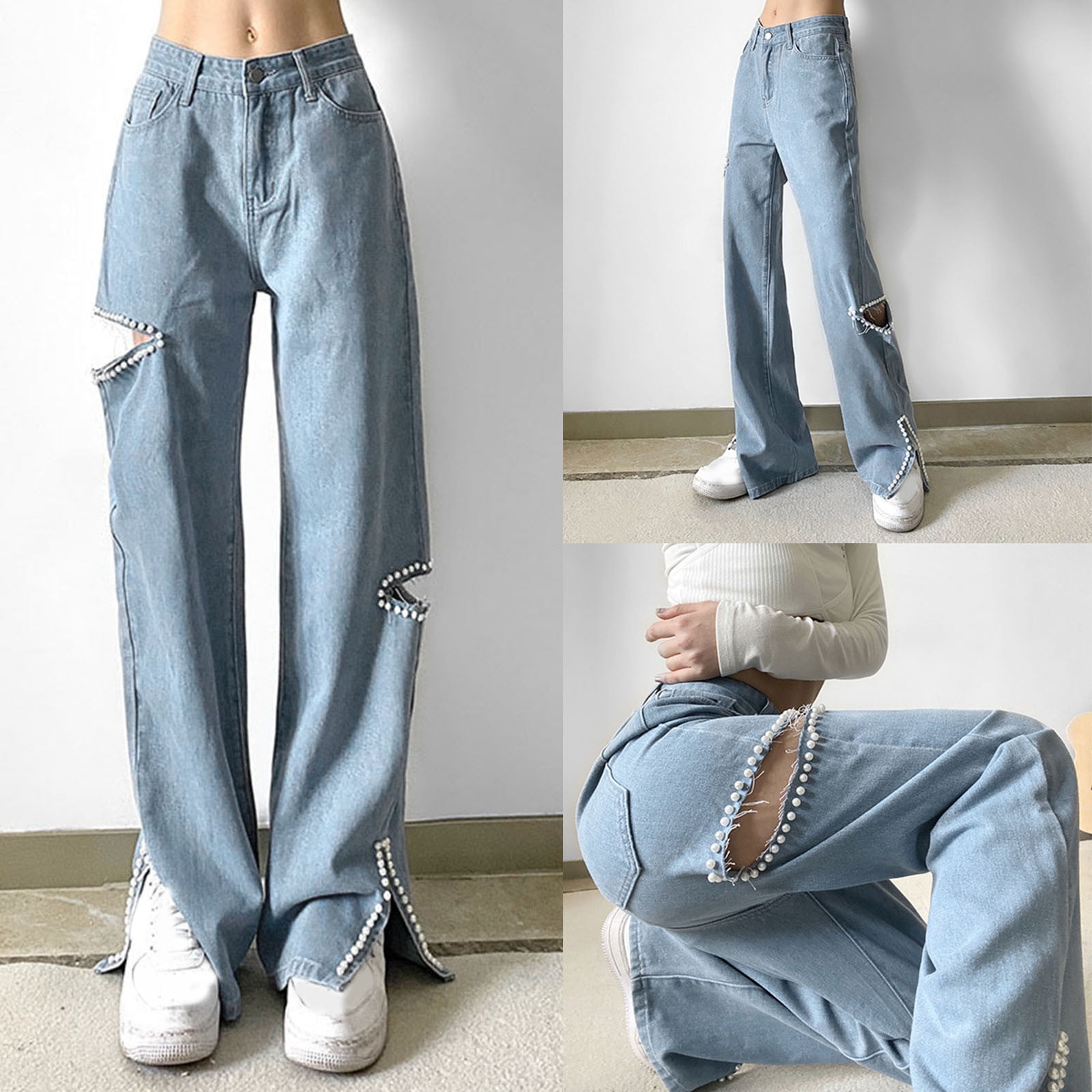 Perbai Womens High Waisted Ripped Jeans Straight Leg Rhinestone Chain  Distressed Baggy Denim Pants