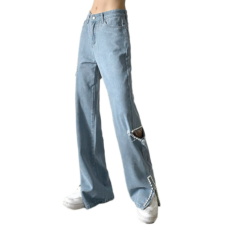 Women High Waisted Jeans Pearl Baggy Denim Pants Loose Casual Pants Trousers  Streetwear Ripped Jeanswomen's slim bootcut jeans women's low jeans women's  jeans size 12 women's 
