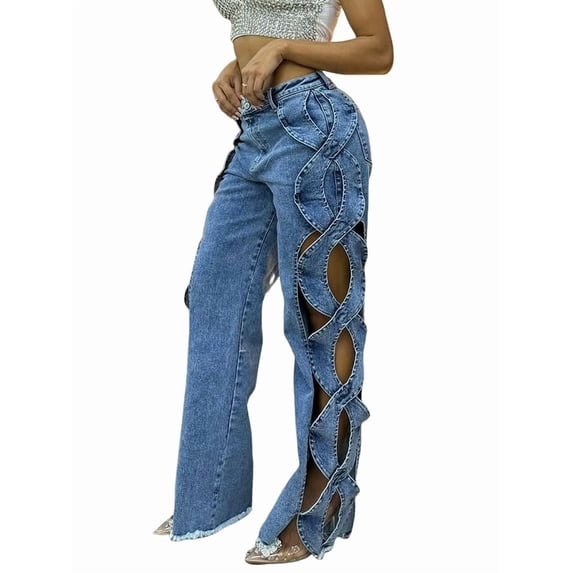 Women High Waisted Jeans Y2k Trendy Hollow Out Wide Straight Leg Cutout Baggy Jeans Blue XL