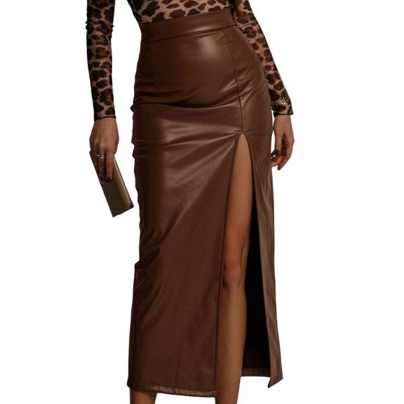 Women High Waisted Leather Front Thigh Slit Wrap Midi Skirt Long Pencil Bodycon Brown S