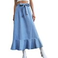 thumbnail image 1 of Women High Waisted Maxi Denim Skirt Bow Tie Ruffles Hem a Line Long Jean Skirt Flowy Pleated Jeans Skirts, 1 of 13