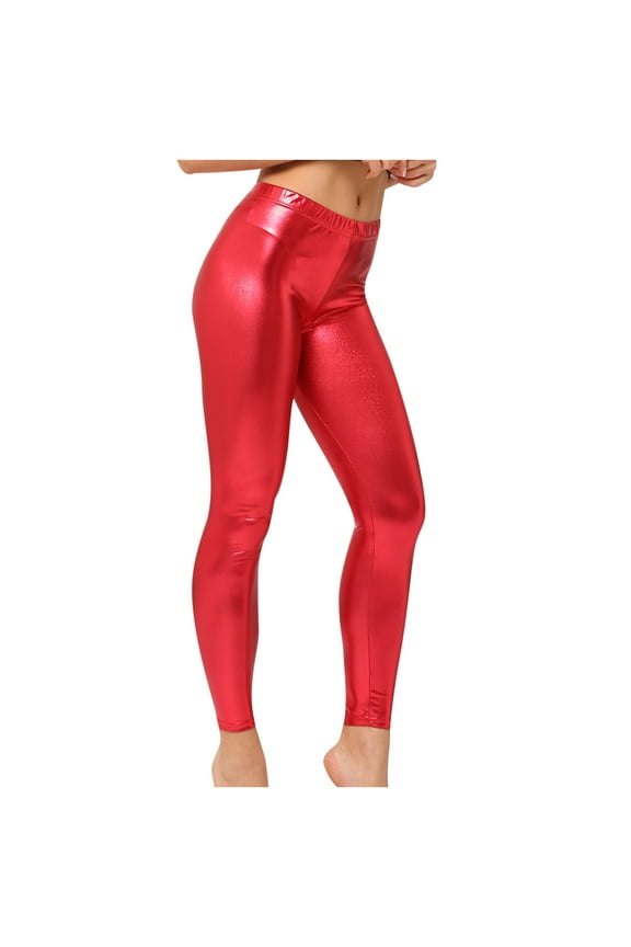 Women High Waisted Metallic Pencil Pants Vintage Stretchy Wet Look Shiny Leggings Tights Sexy Disco Party Pants