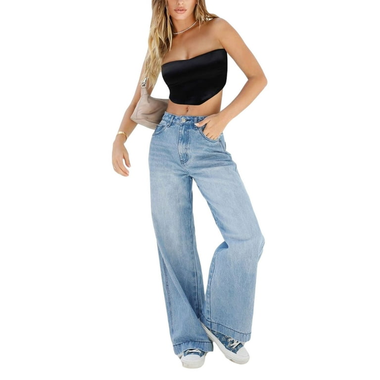 Women High Waisted Pants Wide Leg Denim Jeans Straight Casual