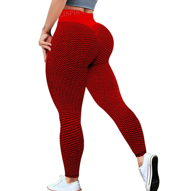 Women High Waisted Ruched Butt Lifting Leggings Gym Scrunch Textured  Compression Yoga Pants Booty Workout Tights (Red, X-Large) 