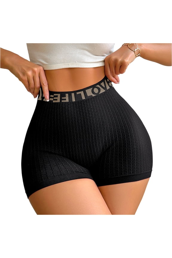 Women High Waisted Seamless Shorts Stretch Ribbed Workout Letter Print Underwear Tummy Slimming Control Butt Lift Shapewear Shorts