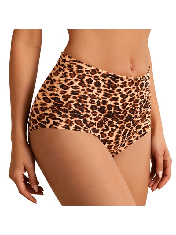 Women High Waisted Seamless Silky Stretch No Show Full Coverage Brief Panties Pink & Leopard L
