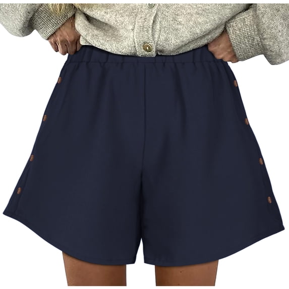 Women High Waisted Shorts Plus Size Solid Loose Short Pants with Pockets Lady Flowy Summer Casual Short Navy,L
