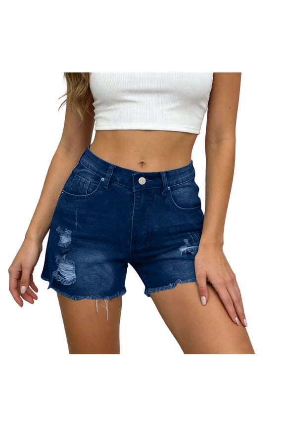 Women High Waisted Skinny Stretchy Denim Shorts Casual Summer Frayed Raw Hem Distressed Ripped Short Jeans with Button Zipped Blue