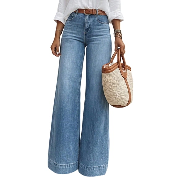 Women High Waisted Straight Leg Jeans Trendy Loose Denim Pants with Pockets Denim Blue S