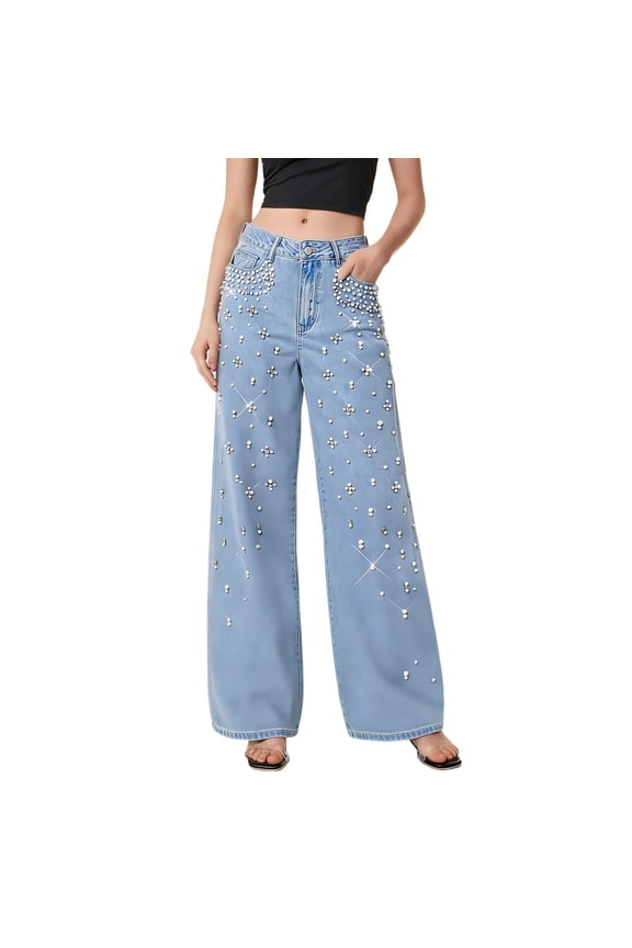 Women High Waisted Straight Wide Leg Jeans Pearl Studded Shimmering Denim Pants Casual Baggy Boyfriend Trousers