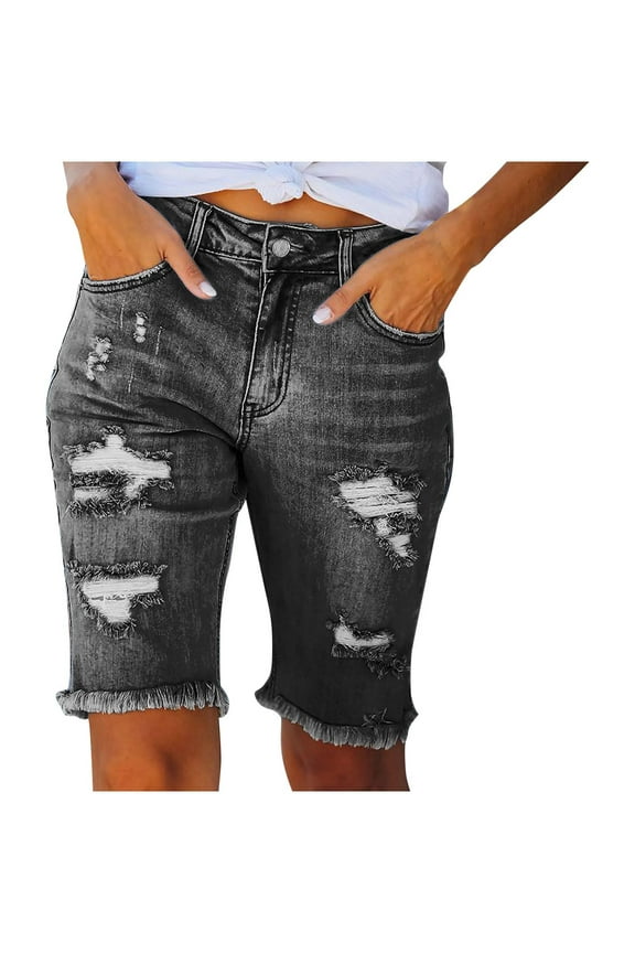 Women High Waisted Stretch Bermuda Shorts Distressed Ripped Raw Hem Jean Shorts 10 Inch Inseam Casual Summer Hot Pant