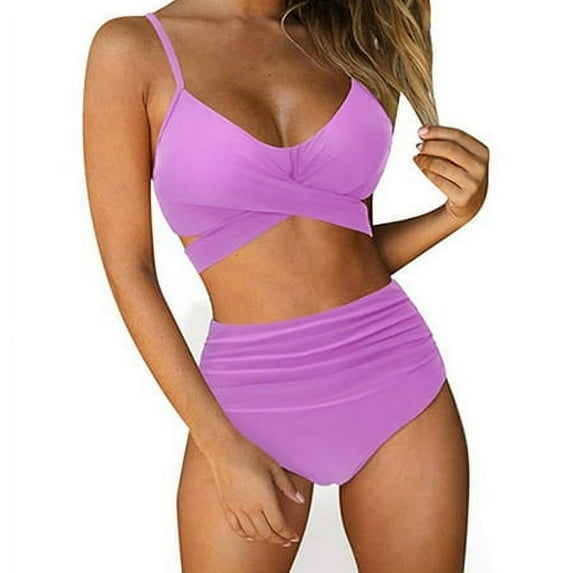 Women High Waisted String Floral Printed 2 Piece Bathing Suits Cross Wrap Push Up Top Tie Back Bikini Swimsuits