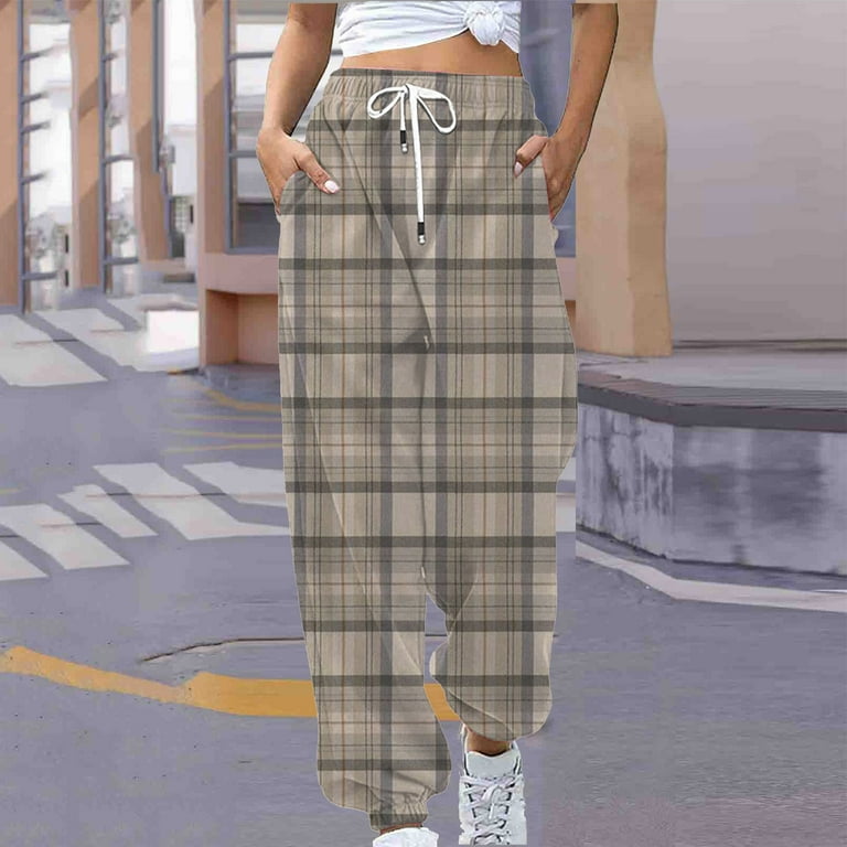 Women High Waisted Sweatpants Oversized Drawstring Plaid Full