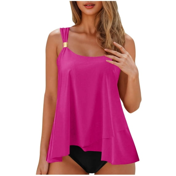 Women High Waisted Tankini Ruffle Swimsuit Push Up Tummy Control Bathing Suit A-Hot Pink