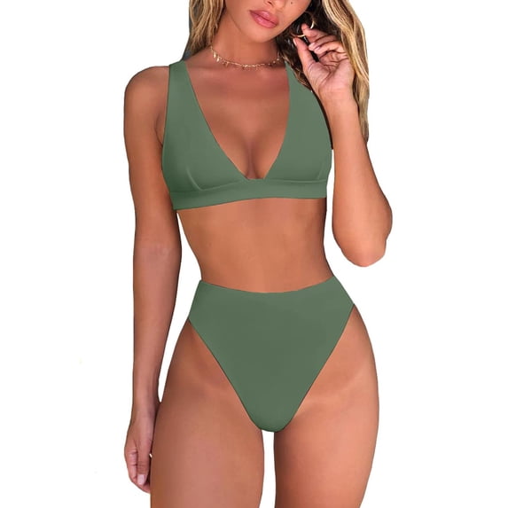 Women High Waisted Thong Bikini Sets Sexy Brazilian Triangle Top Deep V Neck Beach Swim