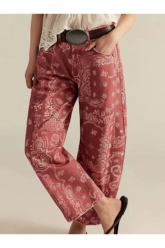 Women High Waisted Wide Leg Paisley Pants Pink Color Wash Culottes with Frayed Hem Boho Vintage Casual Trousers
