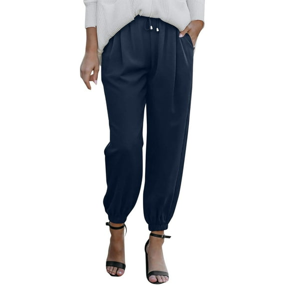 Women High Waisted Wide Leg Pants Fashion Drawstring Elastic Trousers Comfy Business Casual Dress for Women (5-Navy, S)