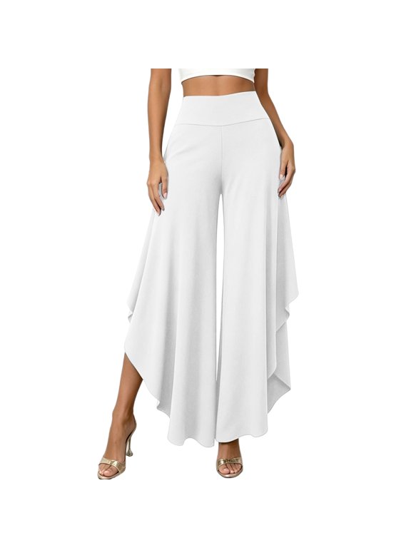 Women High Waisted Wide Leg Pants Side Split Flowy Ruffle Trousers Elastic Waist, Irregular Hem, Layered Split Flowy Palazzo Pants, Casual Dance Trousers, Elegant Dressy Loungewears