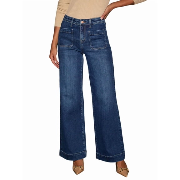 Women High Waisted Wide Leg Straight Jeans, Stretchy Denim Pants with Pockets