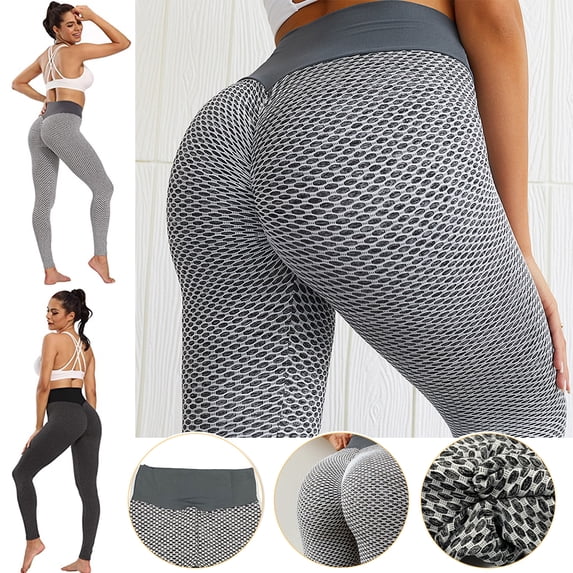 Women High Waisted Yoga Pants Workout Butt Lifting Scrunch Booty Leggings Tummy Control Anti Cellulite Textured Tights, Gray/S