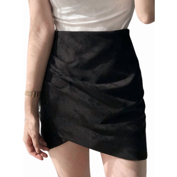 Women High Wasited Zipper Closure Ruched Irregular Faux Suede Mini Skirt