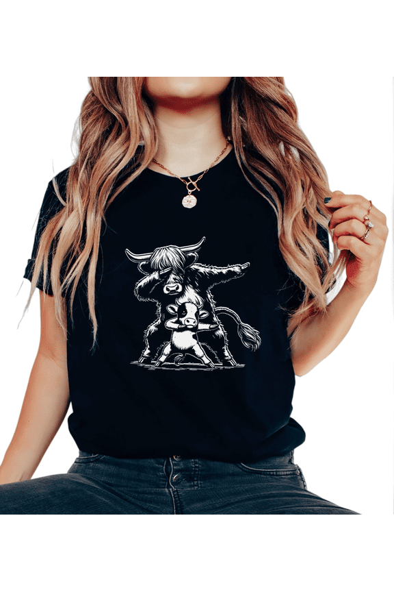 Women Highland Cow And Baby Dabbing Graphic Tees T Shirt Tops Crew Neck Printed Cotton T Shirt Black S-5XL