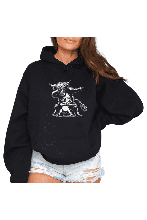 Women Highland Cow Dab Dance Graphic Hooded Long Sleeved Tops Crew Neck Printed Cotton Hoodie Black S-2XL