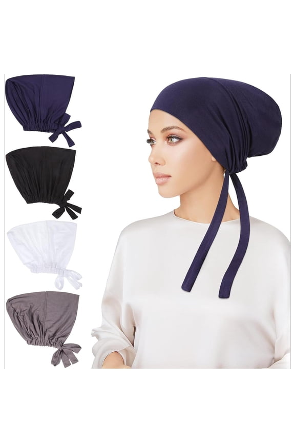 Women Hijab Undercap 4 Pcs Islamic Muslim Under Hijab Cap Inner Under Scarf Hat Turban with Tie Back Closure - Home Improvement