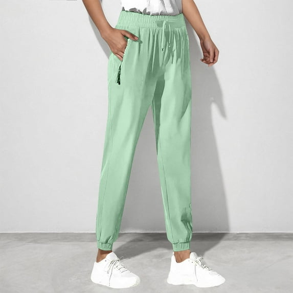 Women Hiking Joggers Lightweight Drawstring Stretchy Sports Pants with Zipper Pocket Outdoor Running Athletic Trousers Green L