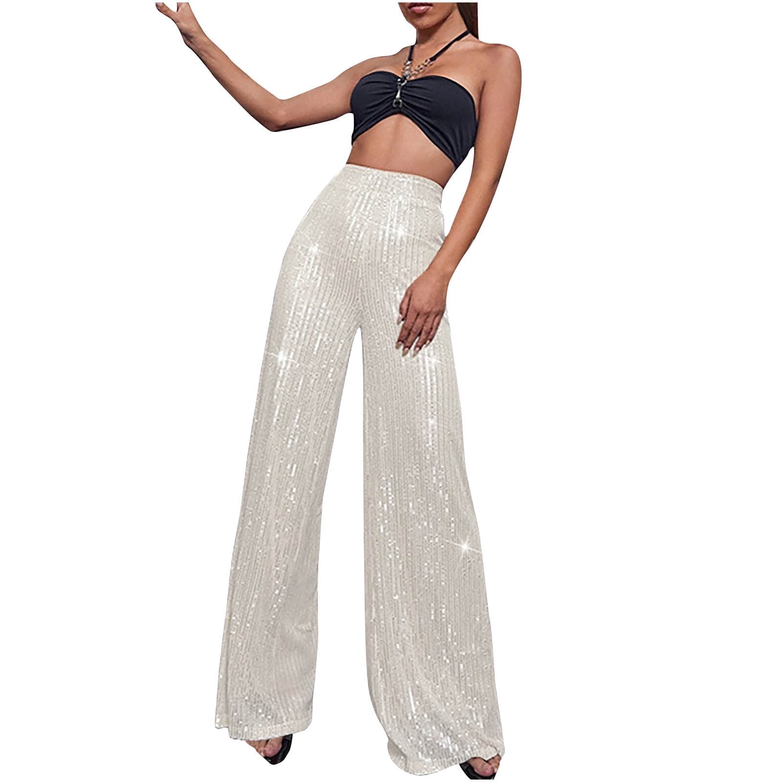 Women Hiking Pants New Womens High Elastic Waist Wide Leg Sequin Bling Glitter Elastic Pants Casual Loose Flare Bell Bottom Shiny Trousers Womens Scrub Pants Silvers 3XL New