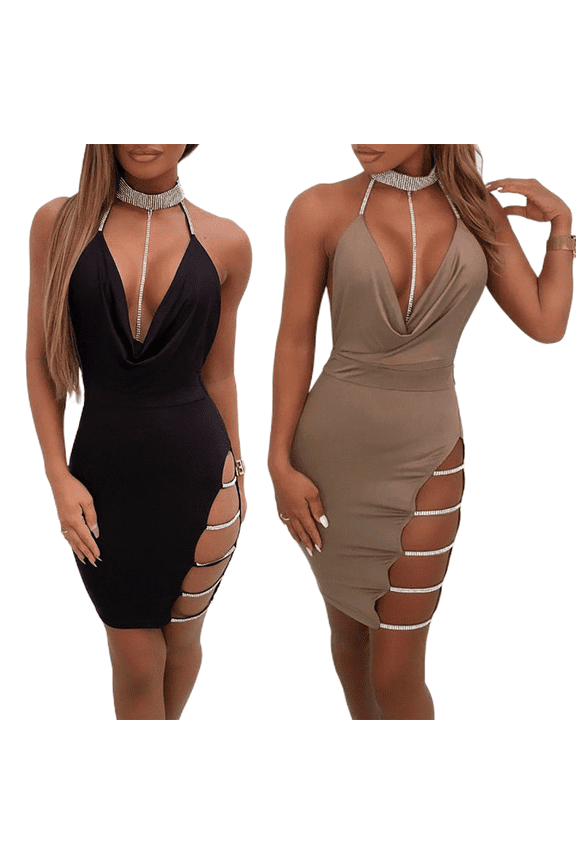 Women Hip Dress Sequin Off Shoulder Halter Hollow Back Hip Split Bodycon Dress