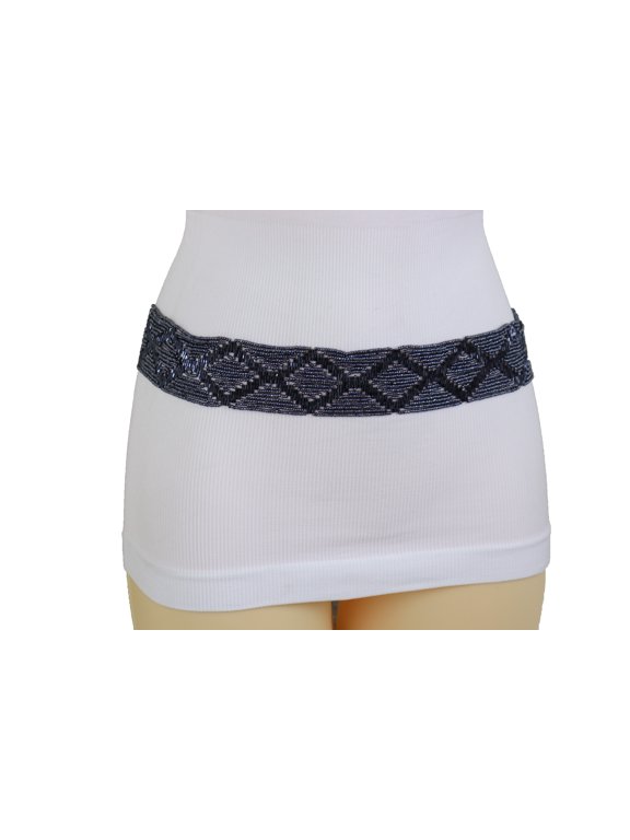 Women Hip High Waist Navy Blue Beads Waistband Wrap Around Tie Belt M L
