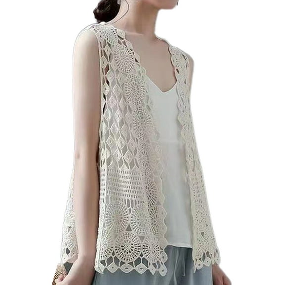 Women Hippie Boho Crochet Sleeveless Vest Open Front Lace Cardigan Geometric Diamond Circle Beach Cover Up Waistcoat