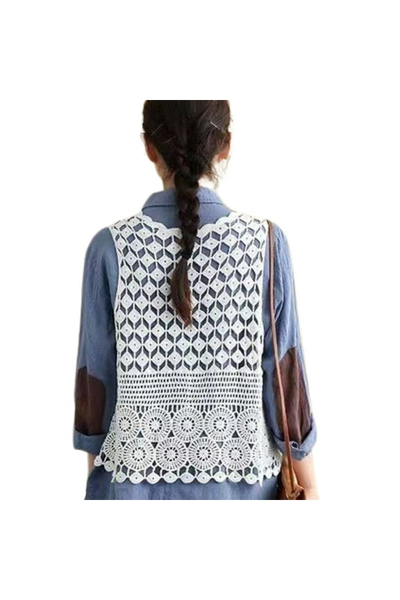 Women Hippie Boho Crochet Sleeveless Vest Open Front Lace Cardigan Geometric Diamond Circle Beach Cover Up Waistcoat