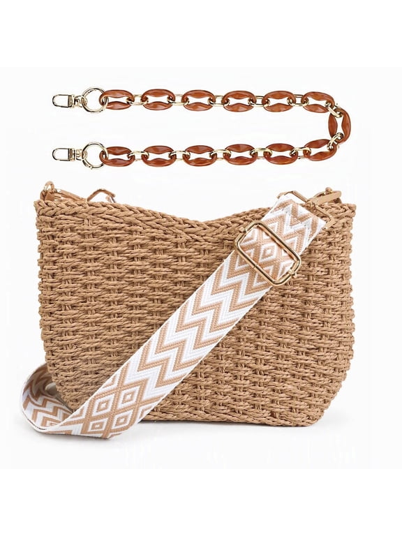 Women Hippie Chic Straw Handbag, Woven Summer Beach Tote Hobo Purse with 2 Removable Straps Chain & Wide Shoulder Crossbody Pocketbook Bag