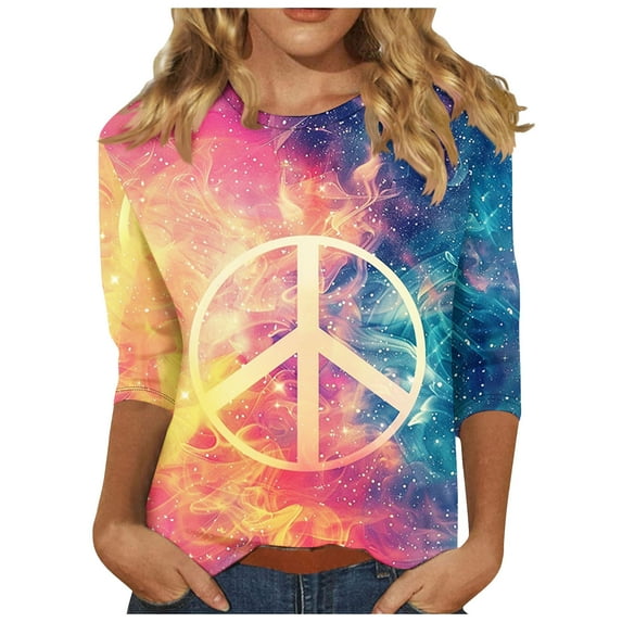 Women Hippie Shirt Tie Dye Peace Sign Tshirts Hippy Peace Costume Hippie Outfit Tee 3/4 Sleeve Tops Blouses Tee Shirts