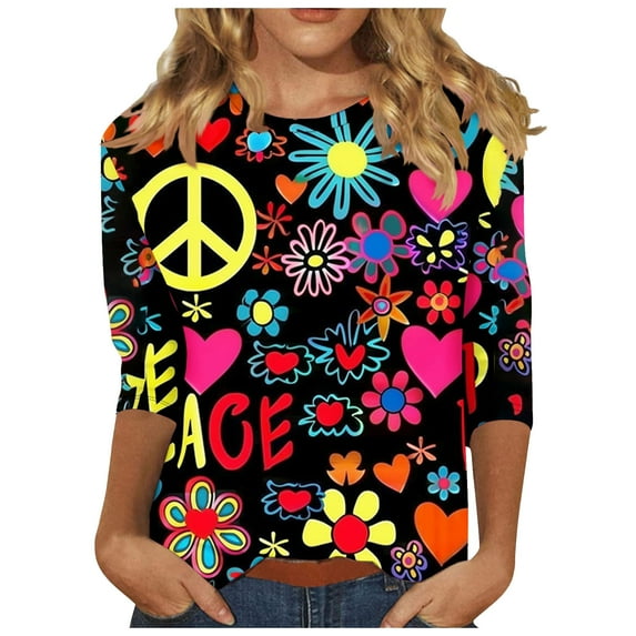 Women Hippie Shirt Tie Dye Peace Sign Tshirts Hippy Peace Costume Hippie Outfit Tee 3/4 Sleeve Tops Blouses Tee Shirts