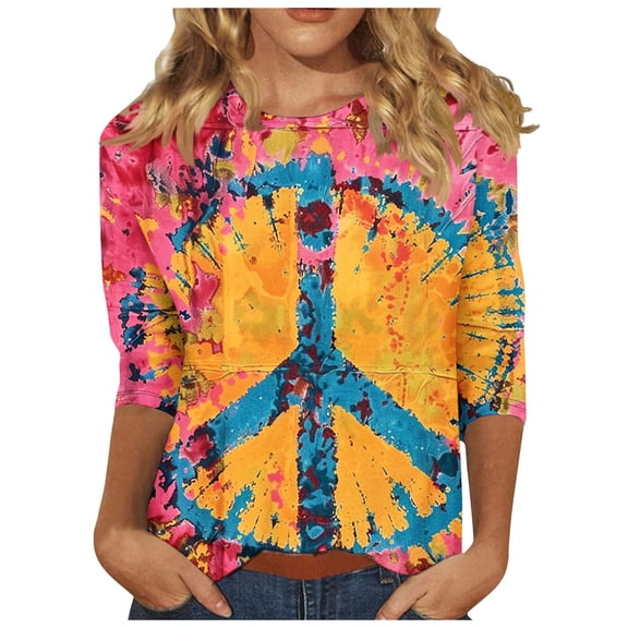Women Hippie Shirt Tie Dye Peace Sign Tshirts Hippy Peace Costume Hippie Outfit Tee 3/4 Sleeve Tops Blouses Tee Shirts