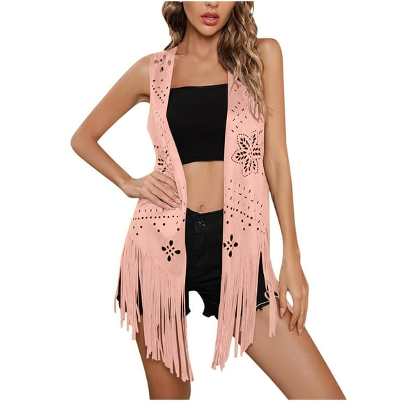 Women Hippie Tassel Vest 70s Faux-Suede Hollow Fringe Jacket Boho Sleeveless Western Open Front Cardigan Pink, S