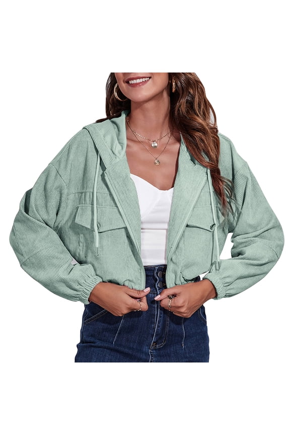 Women Hoed Corduroy Jacket Casual Long Sleeve Drawstring Hoie Cropped Jacket for Autumn Winter Light Green L