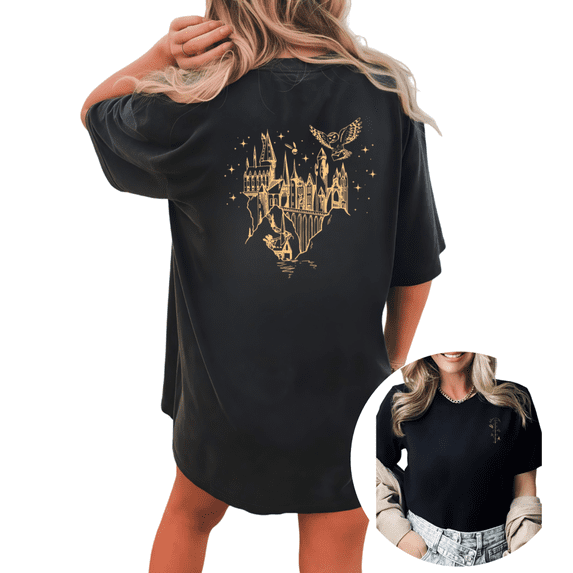 Women Hogwarts Castle Owl Letter Starry Sky Gold Line Art Back Print Graphic Comfortable Tees T Shirt Tops Round-neck Printed Cotton T-Shirt Black S-5XL