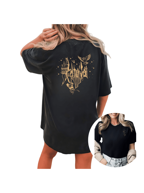 Women Hogwarts Castle Owl Letter Starry Sky Gold Line Art Back Print Graphic Comfortable Tees T Shirt Tops Round-neck Printed Cotton T-Shirt Black S-5XL