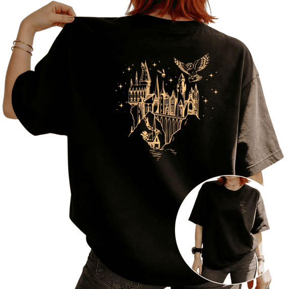 Women Hogwarts Castle Owl Letter Starry Sky Gold Line Art Back Print Graphic Tees T Shirt Tops Round-neck Printed Cotton T-Shirt Black S-5XL