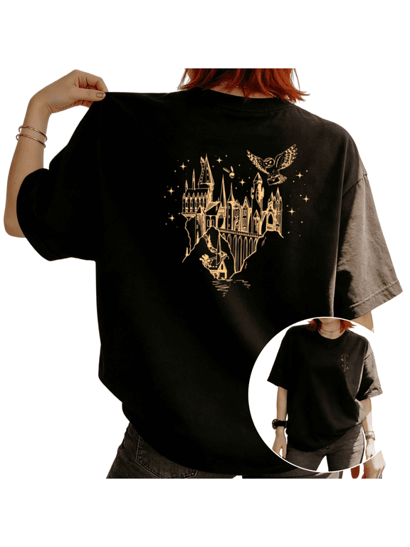 Women Hogwarts Castle Owl Letter Starry Sky Gold Line Art Back Print Graphic Tees T Shirt Tops Round-neck Printed Cotton T-Shirt Black S-5XL