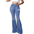 thumbnail image 1 of Women Holes Flare Jeans Bell Bottom Hem Denim Pants Leisure Stylish Trousers, 1 of 9